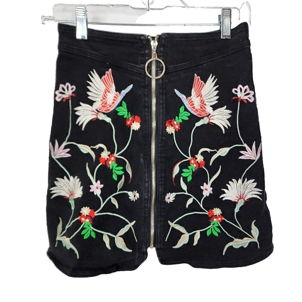 NEW Umgee Embroidered High Waist Denim Skirt Front Zip Asian Oriental Mini Small
